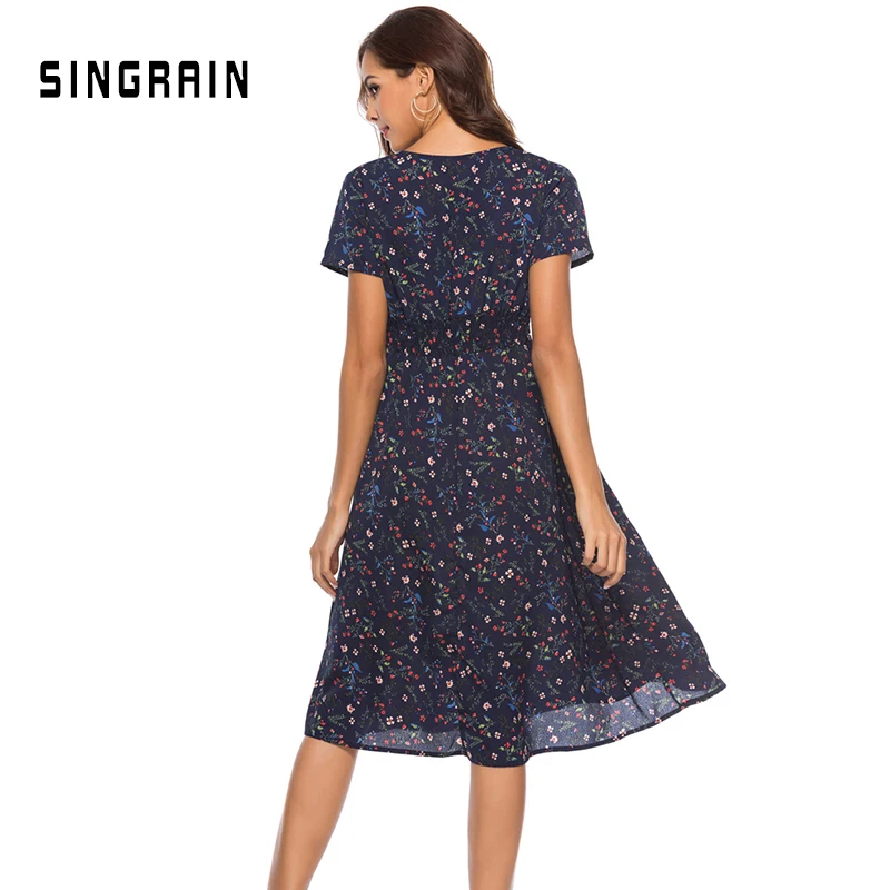 SINGRAIN летнее женское шифоновые богемном платье V цветочным платья пляжные горошек