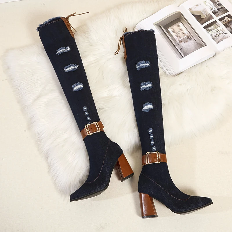 2021 Autumn New Over The Knee Boots for Woman Fashion Denim Stretch Boots Women Super High Heels Female Casual Lady Long Shoes