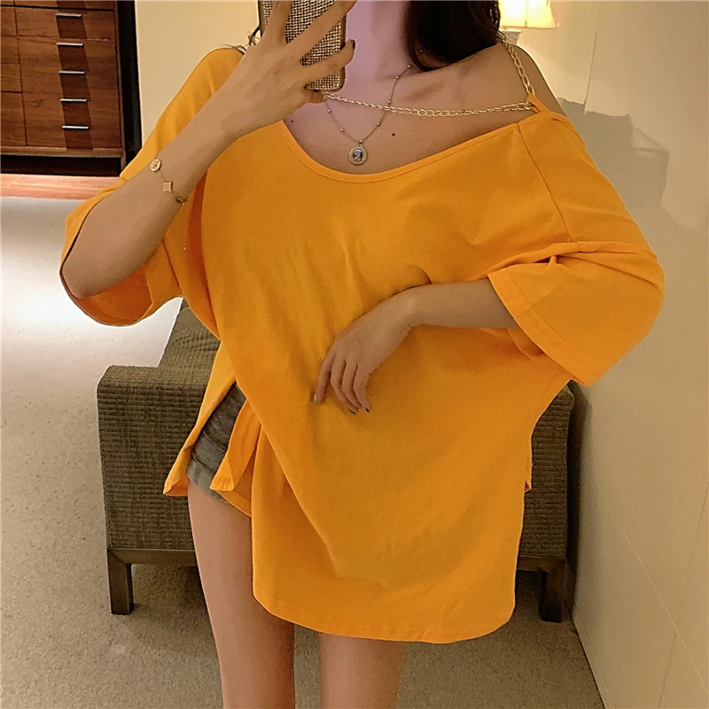 

Women Backless Short Sleeve Casual Loose T-Shirt 2021 Summer Chain Fashion Sexy Solid Color Tops Female Clothes Loose Streetwear