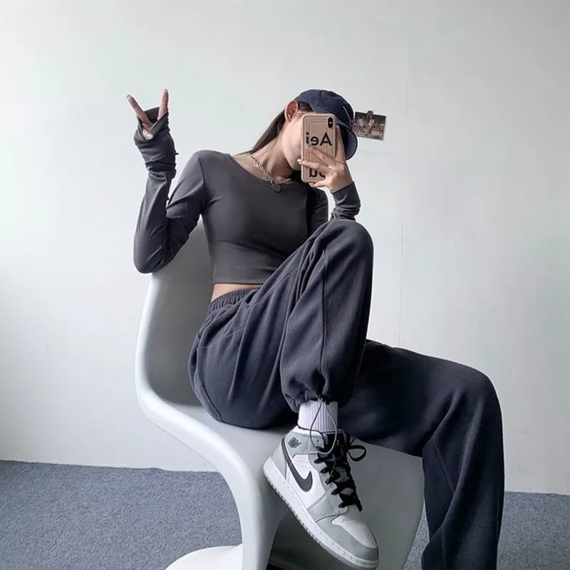 

High Waisted Pants Women Harajuku Autumn Workout Thickening Casual Warm Cozy Fashion All-match Pure Color Student Simple Hipster