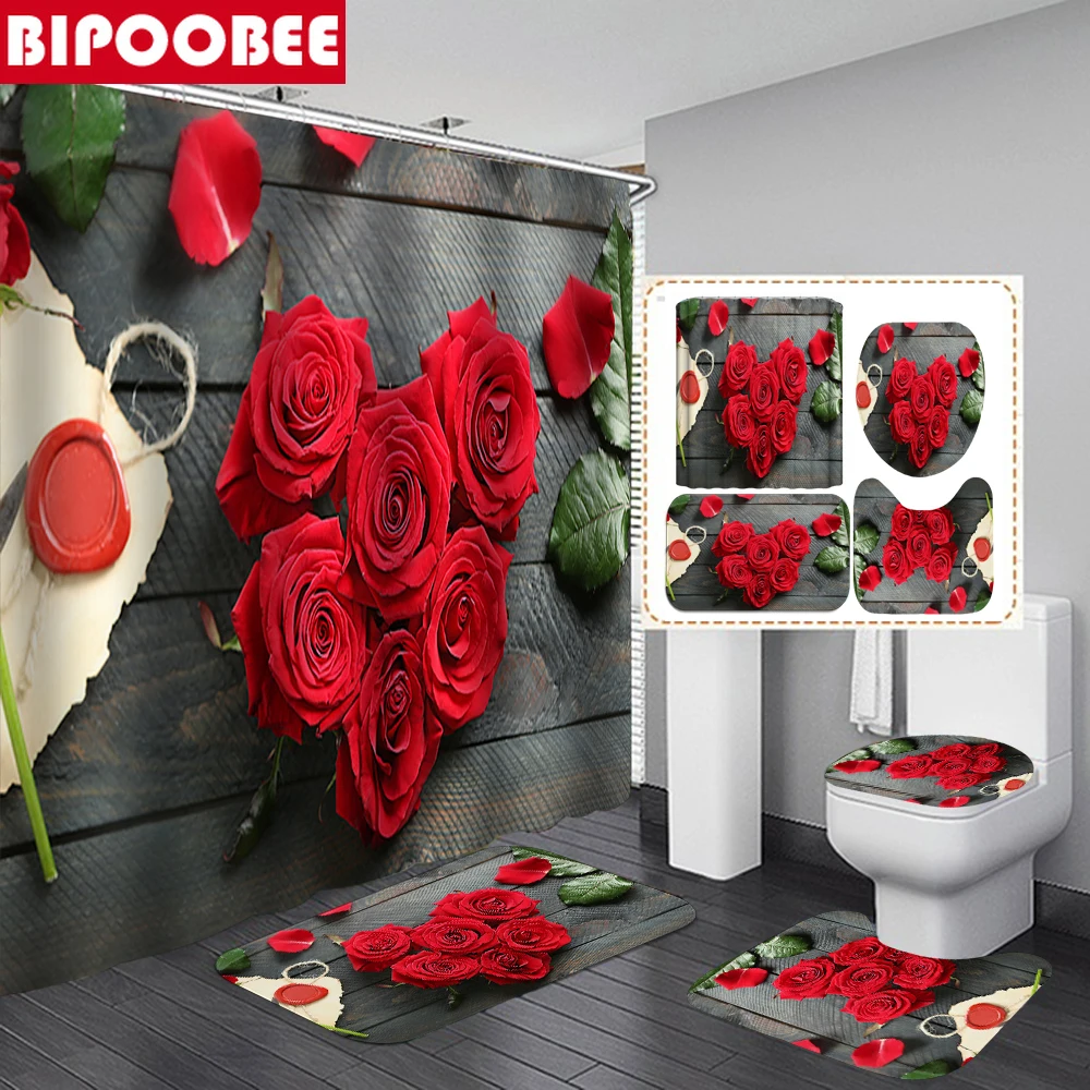 

Love Roses Flowers Shower Curtain Bathroom Curtains Non-Slip Pedestal Rug Toilet Cover Bath Mats Set Valentine's Day Decoration