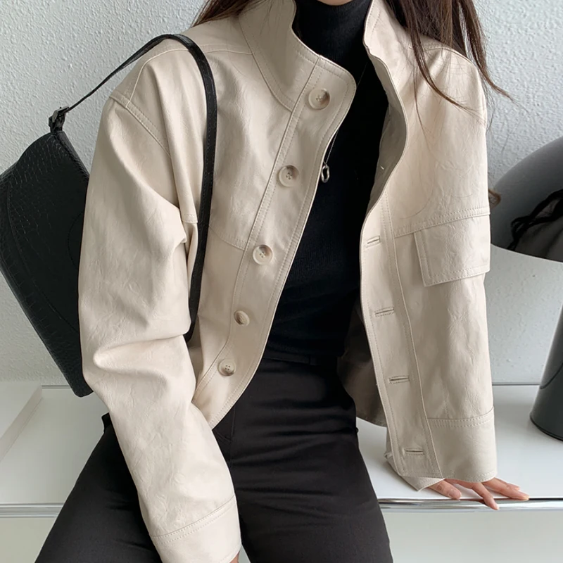 Simple Stand Collar Single Breasted Long Sleeve Casual Faux Leather Jacket Women Fashion Motorcycle Suit White Leather Coats