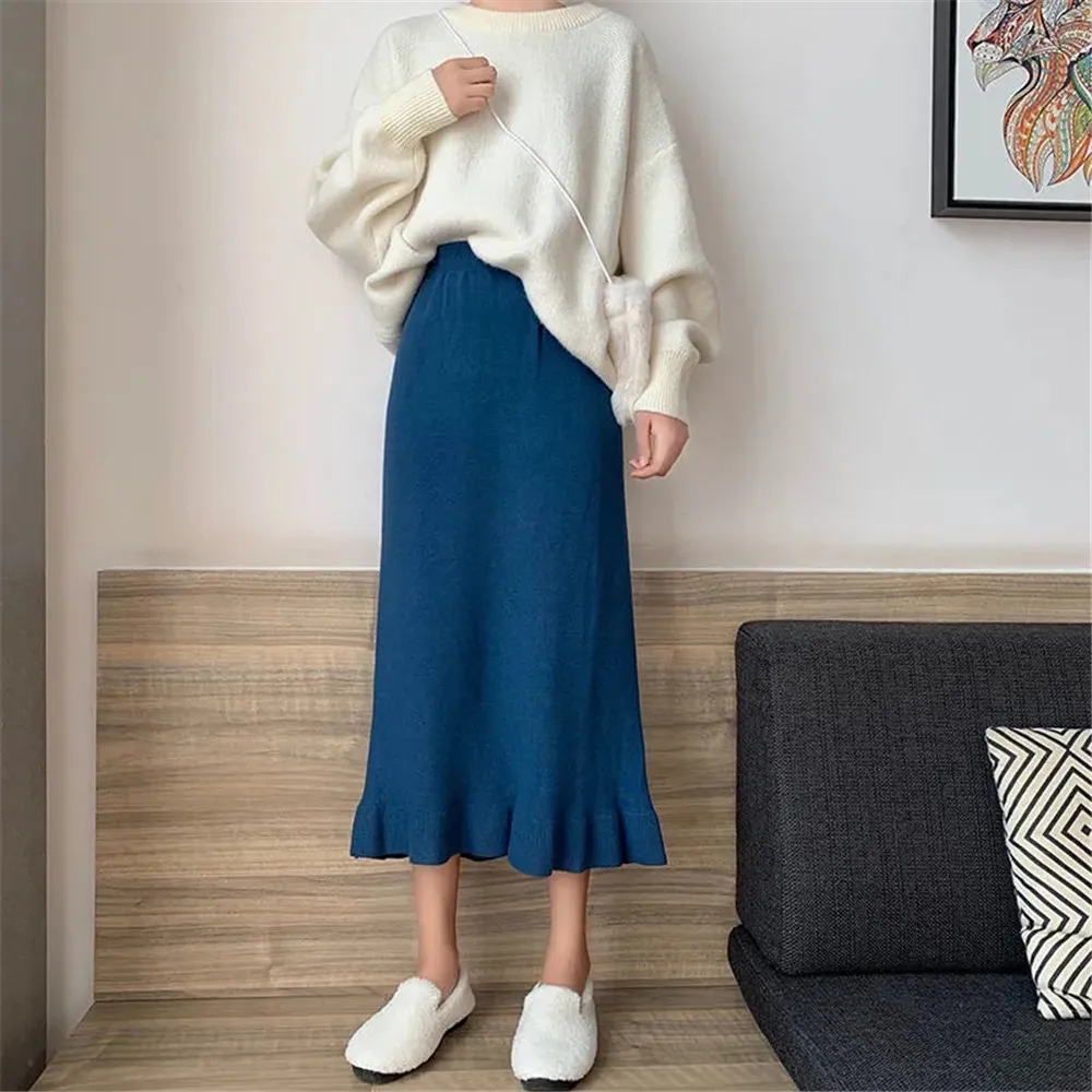 

Women Straight Skirt Plus Size Wool Long Fishtail Skirt Autumn Winter High Waist All-Match Knitted Ruffle Skirt Female Autumn