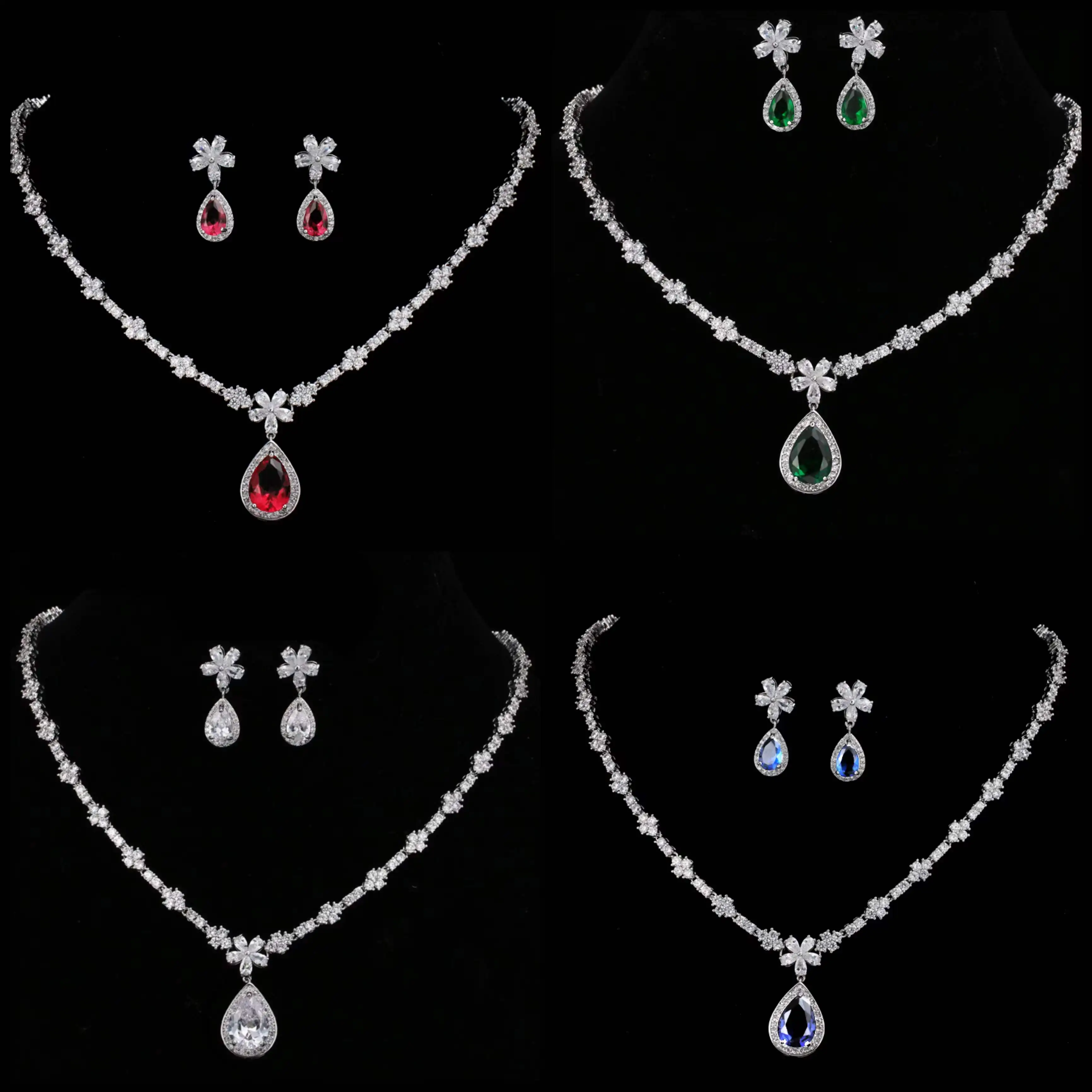 

AMC Luxury Flower Water Drop Pendant Necklace And Stud Earring Set AAA Cubic Zircon Bridal Wedding Jewelry Set Gift for Women