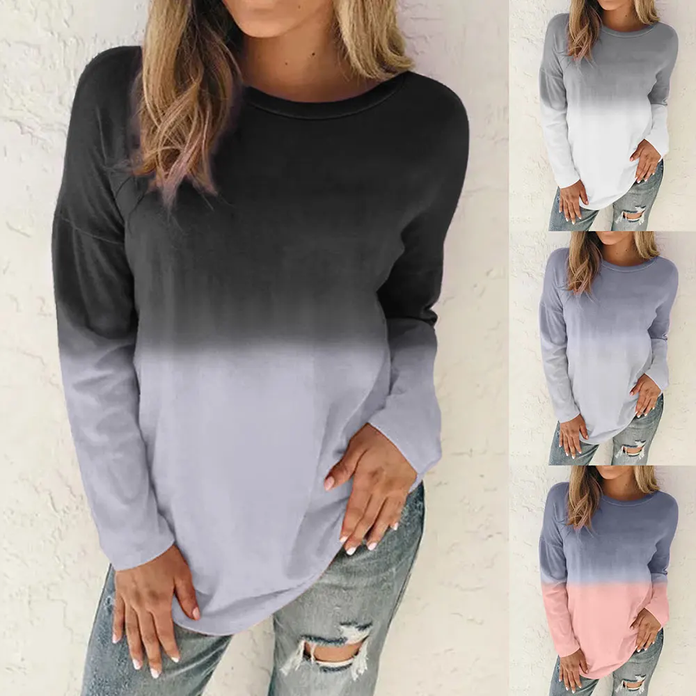 

Women Fashion T-Shirt Pullovers Casual Lady Gradient Color Crew Collar Loose Top Female Hip Hop Long Sleeve Streetwear Oversize