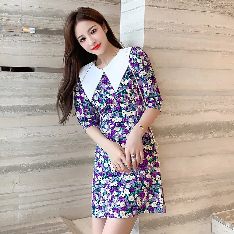 Фиолетовое Цветочное платье для женщин лето 2020 корейское Ретро французское с