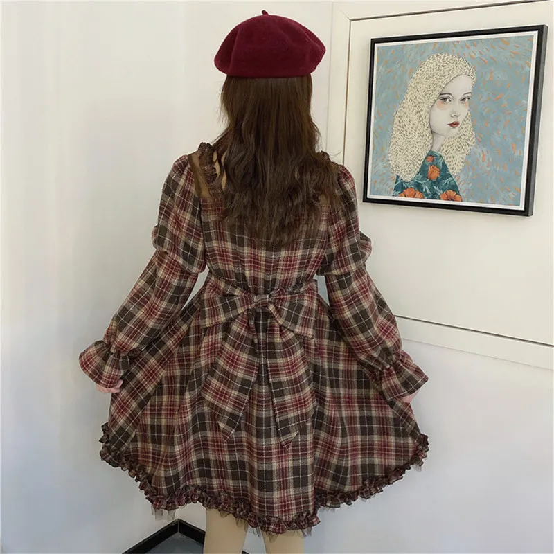 

Japanese girl sweet retro square collar French Lolita daily plaid high waist bubble sleeve dress bowknot cute dresses summer