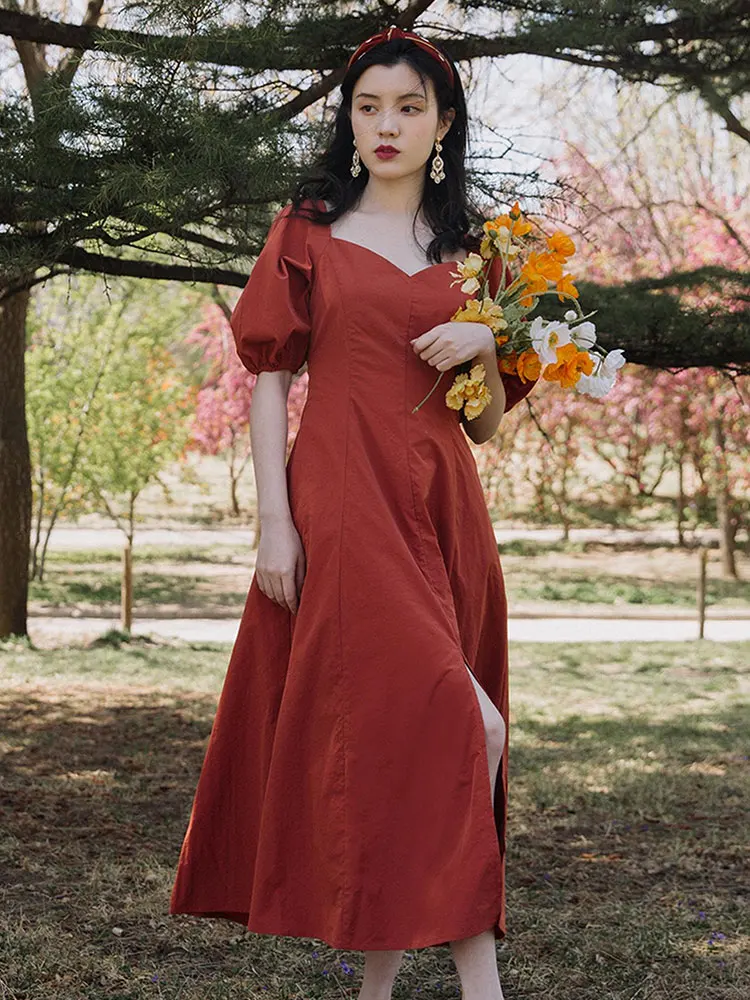 

Summer New Women's French Retro Palace Style Bubble Sleeve Square Collar Brick Red Long Dress Temperament Was Thin Girl Dress