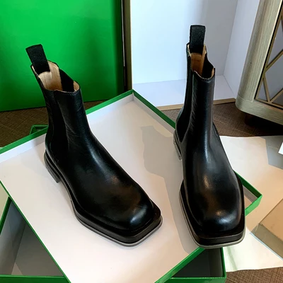 

Retro Thick-soled Height Increasing Square-toe Woman Chelsea Boots Fashion Round Toe Cow Leather Transaparent Sole Fashion Boots