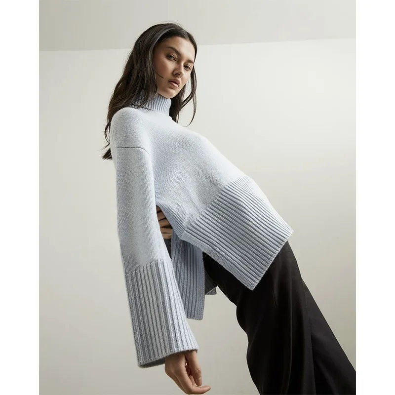 Women Sweater 2021 Fall/Winter High Neck Cashmere Blend Loose Slit with Hem |