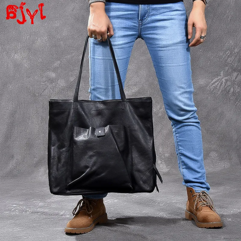 

Imported leather large-capacity Men handbag soft black leather tote bag men tide tote shoulder messenger bags male shopping bags
