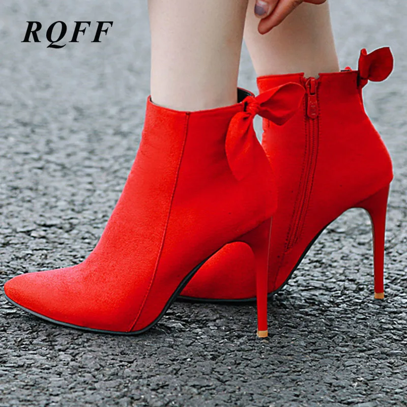 Женские ботильоны на высоком каблуке 2019 г. Новые осенние туфли из флока с бантом