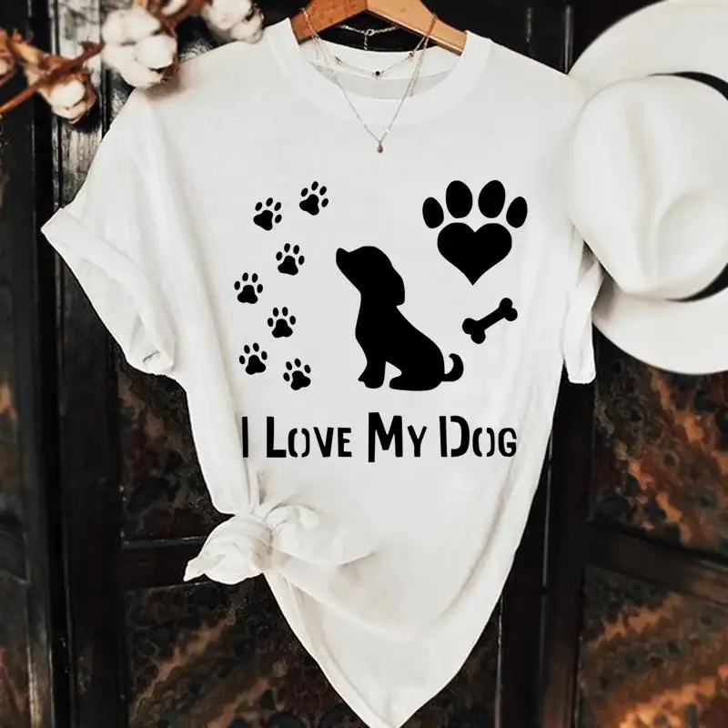 

Women Fashion Dog Love Paw Sweet Animal Short Sleeve Casual Tshirt Top Clothing Female Summer Clothes 90s Graphic Tee T-shirt