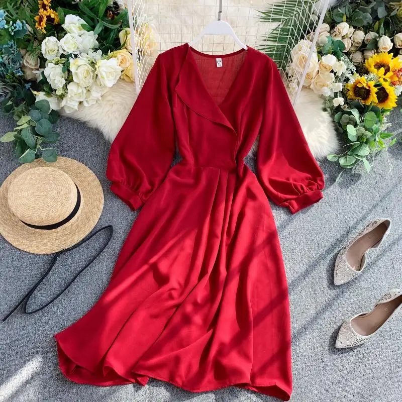 2019 Новая мода Женское французское платье темперамент v образным вырезом пышные