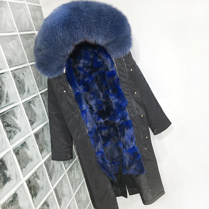 Plus Size Real Fur Coat Waterproof Parka Mujer Winter Jacket Women Natural Fox Fur Collar Liner Hood Thick Warm Outerwear Hat - Color: Xlong NavyBlue