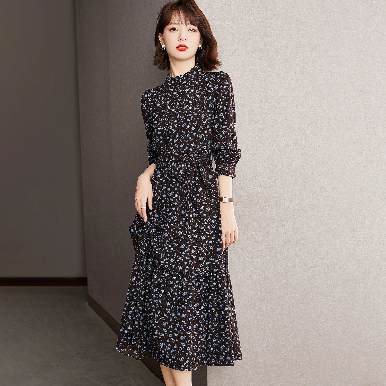 

Chiffon Women's Dress Party Print Girl's Dresses Spring Autumn O-neck Clothing Long Sleeve Lady A-LINE Mid-Calf Houthion