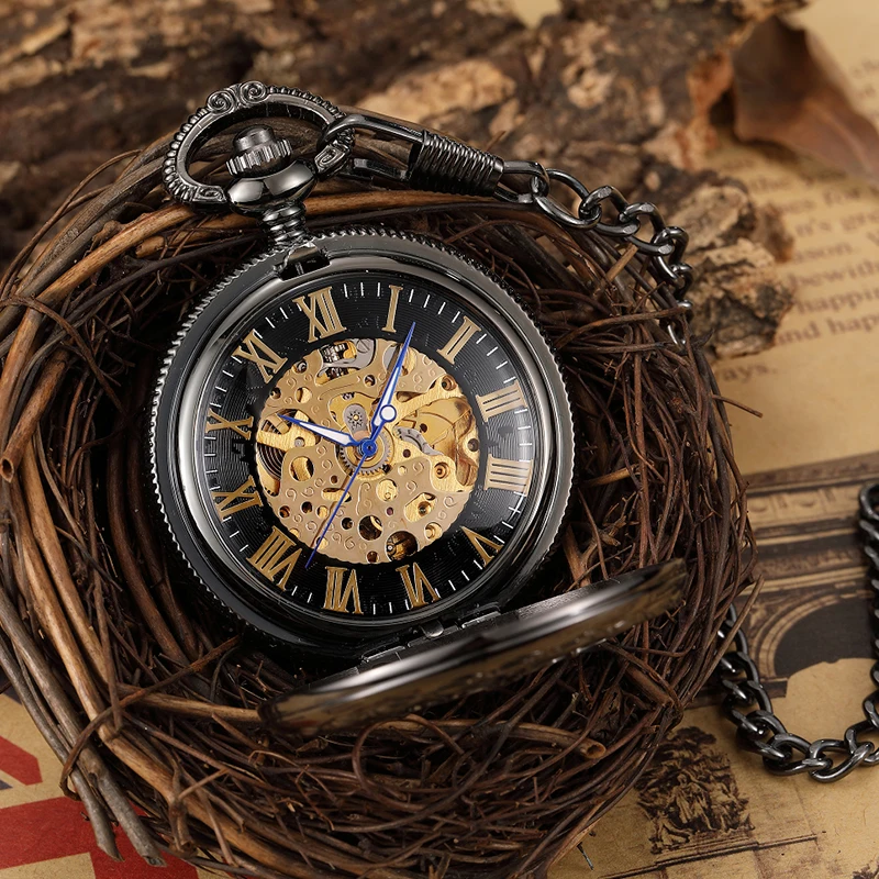 Roman Numeral Antique Mechanical Pocket Watch Skeleton Black Case Gold Gear Dial Male Fob Chain Clock for Men Women Dropshipping
