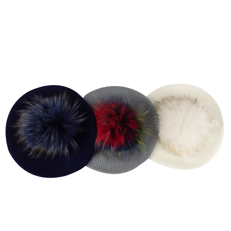 Осенне-зимний женский берет Geebro шапки акриловый вязаный с помпоном енота