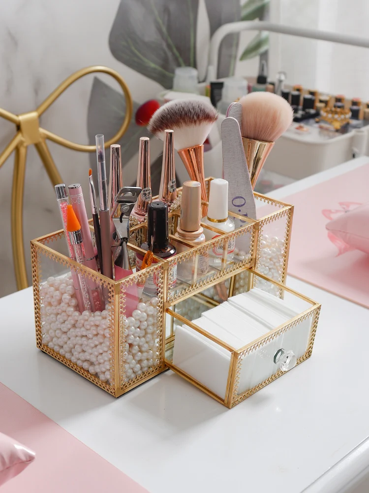 

Brass Glass Makeup Brush Bucket Nordic Style Cosmetic Lipstick Comb Eyebrow Storage remote control Holder Desktop Organizer