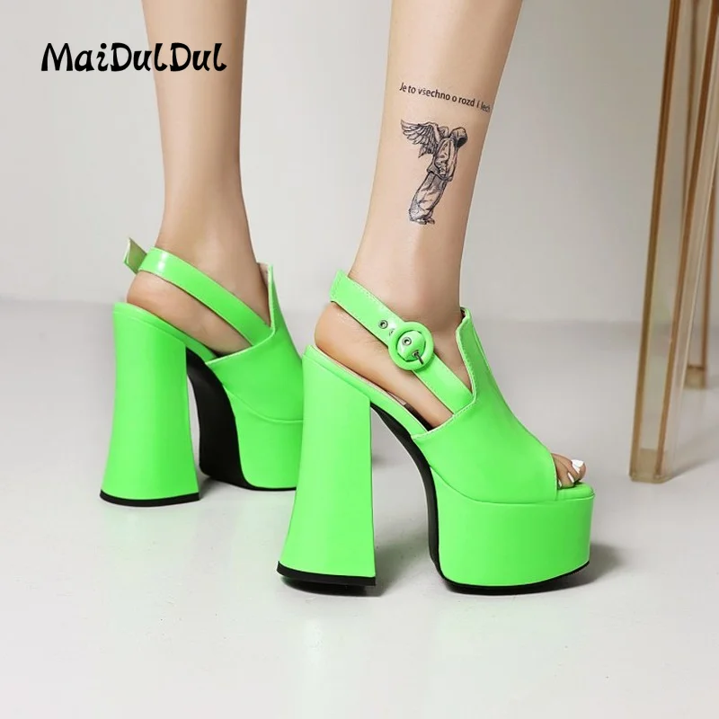 

Women's Patent Leather One-line Buckle Sandals Female Wedges High Gang Daily High Heels Embroidered Rubber Thick Fashion Shoes