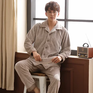 Мужской кардиган пижамный комплект теплая Фланелевая пижама с длинными рукавами для мальчиков осень-зима Pyjama свободные мужские домашние тапочки комплект из кораллового флиса, одежда для сна, топ + штаны