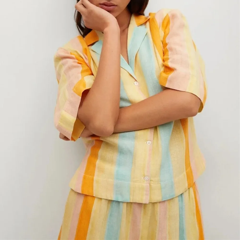 

Женская винтажная рубашка в полоску, Повседневная Свободная блузка на пуговицах с отложным воротником и коротким рукавом, лето 2021