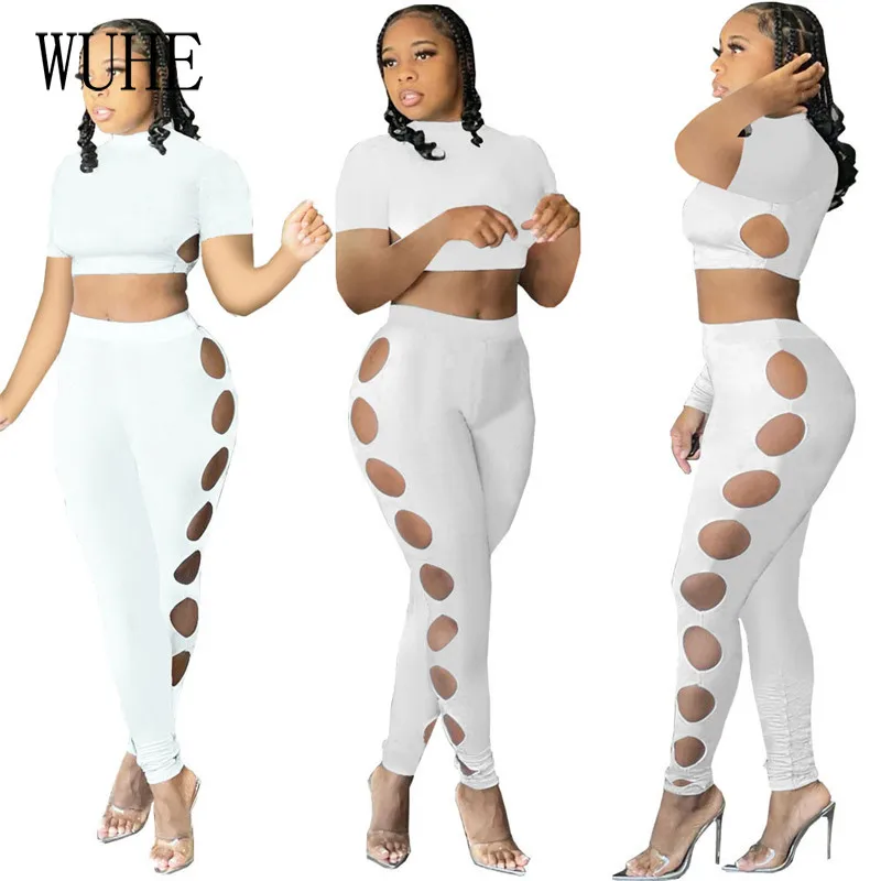 

KEXU Elegant Women Outfits O Neck Short Sleeve Crop Top and Hollow Out Hole Pencil Pants Casual Party Sports 2 Piece Suits