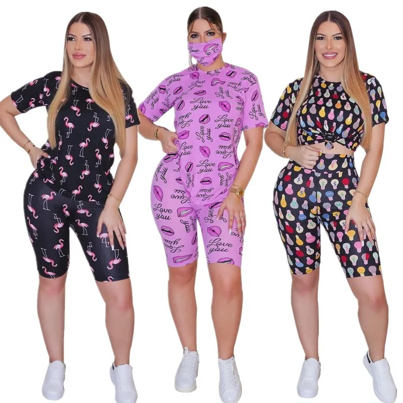 

Женские милые модные костюмы, футболка с круглым вырезом и короткими рукавами и шорты, комплект из двух предметов, новая спортивная одежда (...