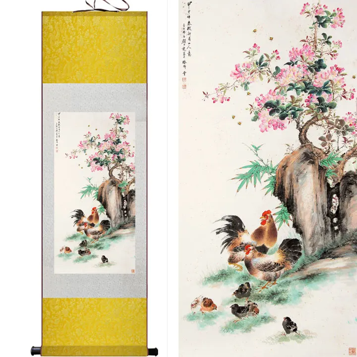 

Chicken under the tree art painting Scroll art painting traditional Chinese paintingPrinted painting