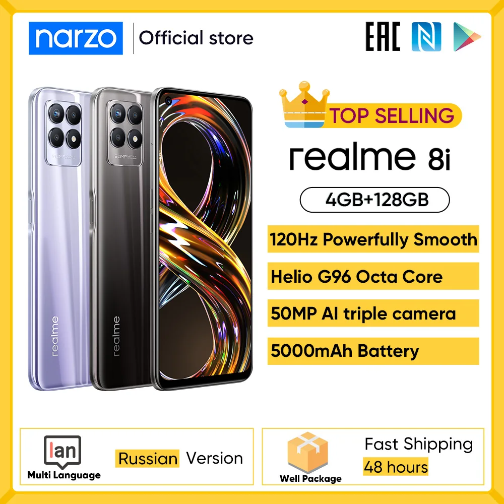 Realme-tel&eacute;fono inteligente 8i versi&oacute;n rusa, 4GB, 128GB, pantalla de 6,6 pulgadas, 120Hz, c&aacute;mara triple ia de 50MP, bater&iacute;a de 5000mAh, NFC, narzo-0