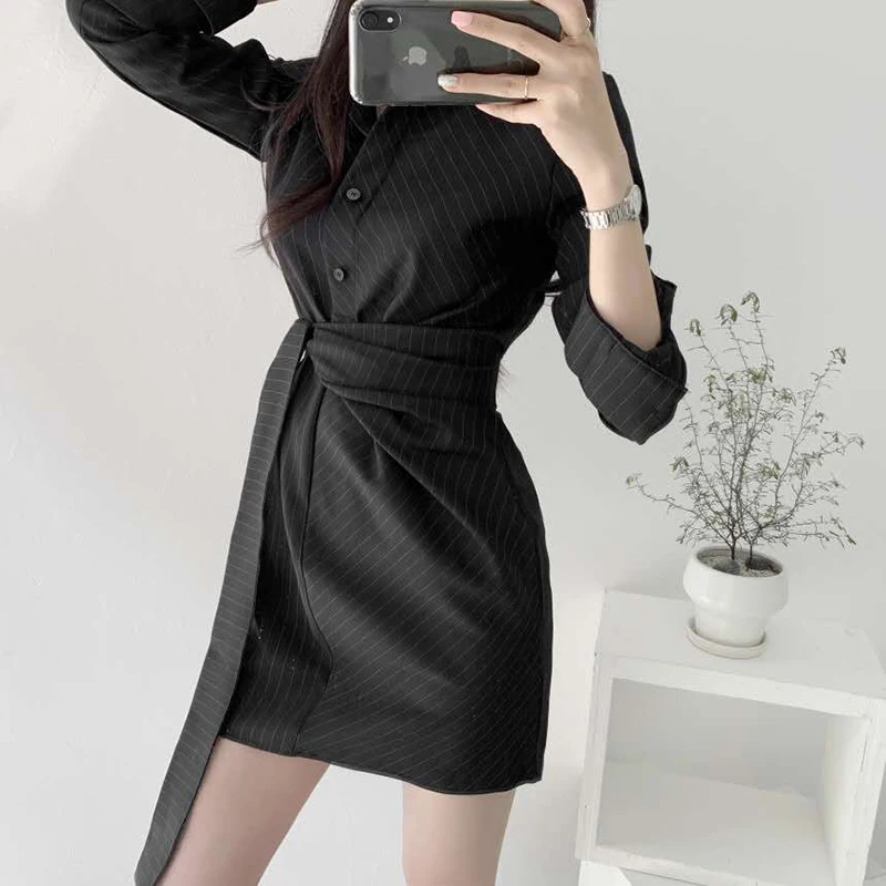 

dresses mujer 2020 autumn korean clothes chic elegant belt long sleeve white casual black striped shirt dress women mini dress