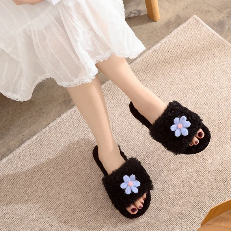 

Winter Women's Cozy Fur Memory Foam Slippers Non-Slip House Shoes Indoor Outdoor Warm Soft Mute Hairy Cute Floret Comfortable