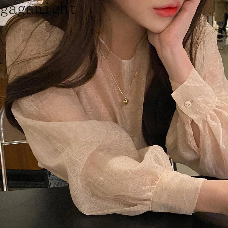 Gaganight элегантная женская блузка с длинным рукавом и круглым вырезом прозрачная