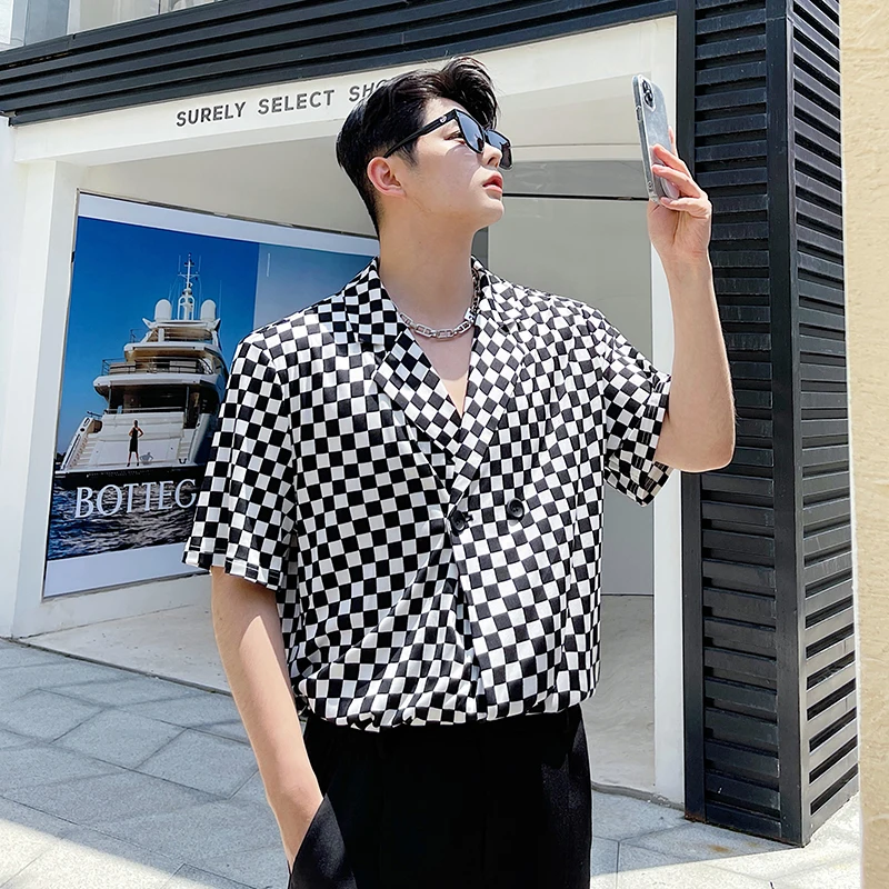 

Male Harajuku Vintage Fashion Shirts Tops Shirts Men Checkerboard Plaid Short Sleeve Loose Casual Shirts