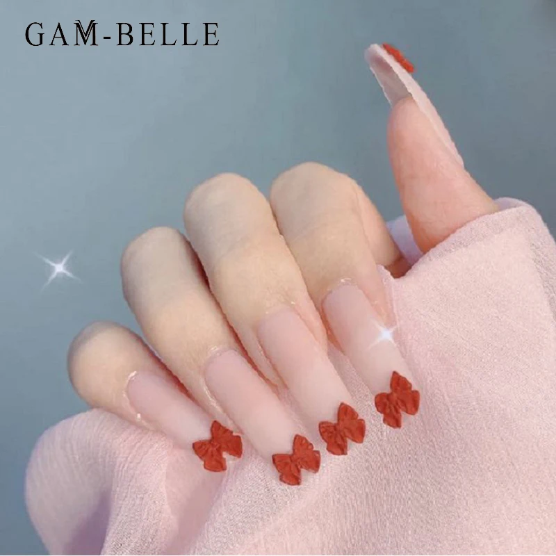 

GAM-BELLE 24 шт. накладные ногти матовый обнаженный 3D Бант дизайн длинный эллипс форма пресс на ногти полное покрытие Поддельные Типсы для маникю...