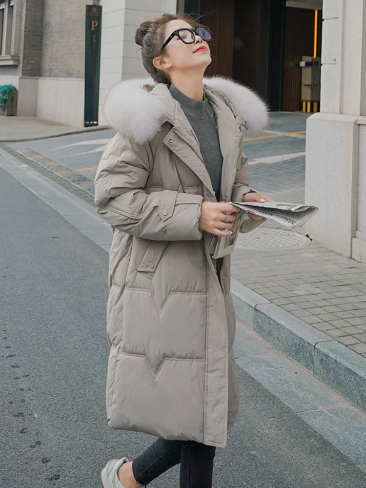 2021 Women Large Fur Collar Solid Color Parkas Down Cotton Jacket Women's Mid-length Casual Zipper Thicken Warm Winter Coat