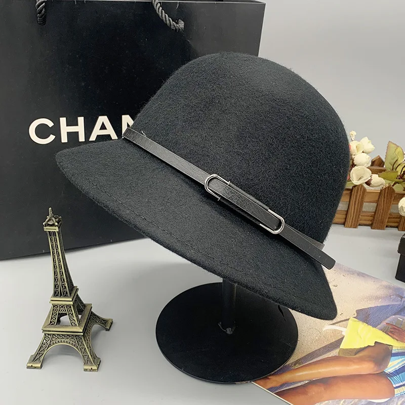 

About 2022 Small Sweet Wind Wool Dome Female Flat Eaves Fisherman Hat Warm Wind Bucket Hats Luxury Cashmere Hat