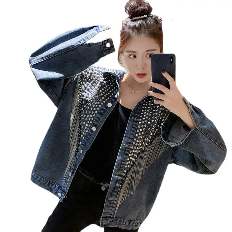 

Женская джинсовая куртка, Новинка весна-осень 2021, тяжелая промышленная Свободная куртка с кисточками и бисером в Корейском стиле, женские т...
