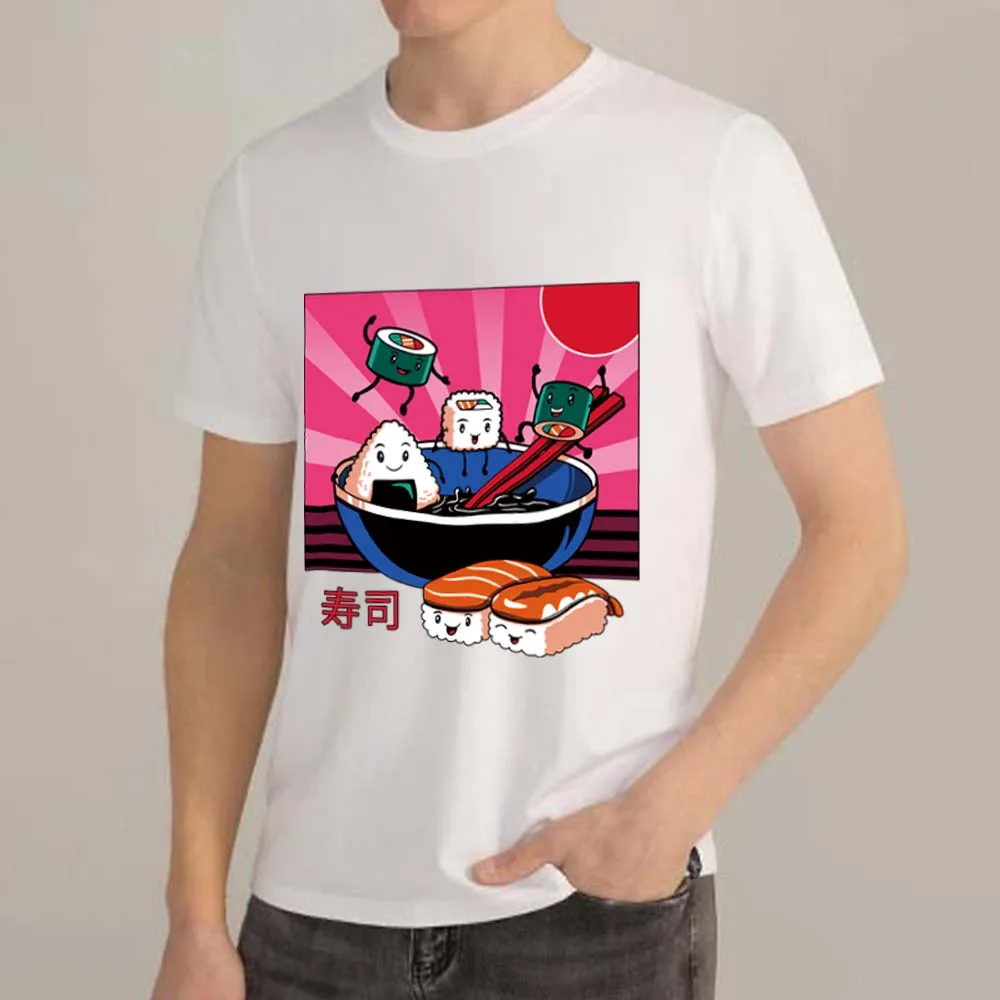 

Summer Men's T-shirt Street Top White Japanese Cute Sushi Print Pattern Round Neck Commuter Men's Short Sleeve T-Shirt Clothes