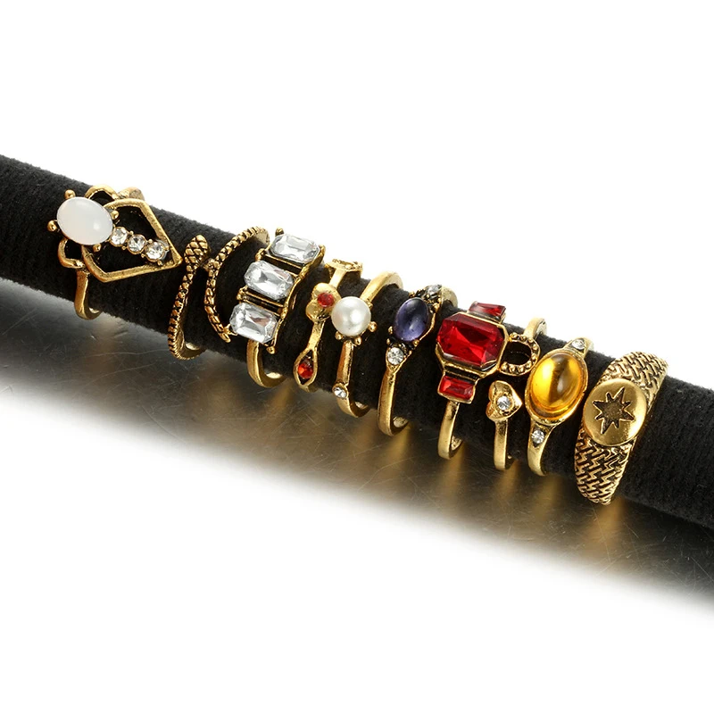 

15Pcs/set Vintage Boho Finger Punk Rings Opal Jewelry Gold NEW Midi Ring Knuckle Women Pearl Rhinestone Zircon Crystal Rings