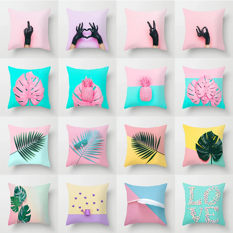 

45X45CM Nordic Ins Style Pink Tropical Leaf Pillowcase Sofa Cushion Cover Geometry Square Throw Pillow Cover Wholesale