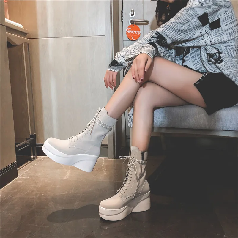 Meotina Winter Ankle Boots Women Natural Genuine Leather Platform Wedge High Heel Short Zip Round Toe Shoes Ladies Fall 39 | Обувь
