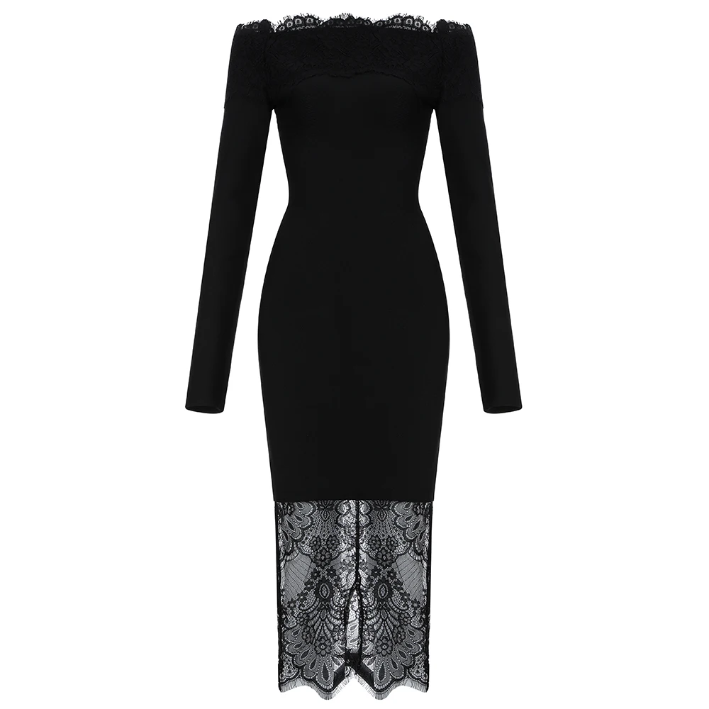 Платье миди женское вечернее с открытыми плечами длинным рукавом и