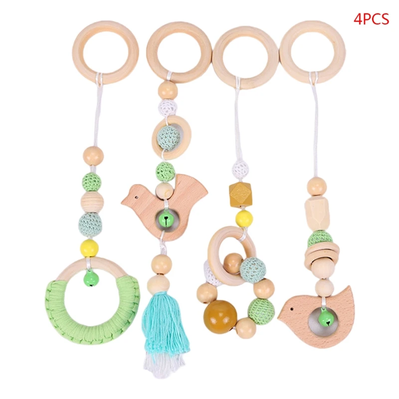 

4 Pcs/Set Baby Gym Frame Stroller Hanging Pendants Wooden Ring Teether Molar Teething Nursing Rattle Toys Infant Room Decoration