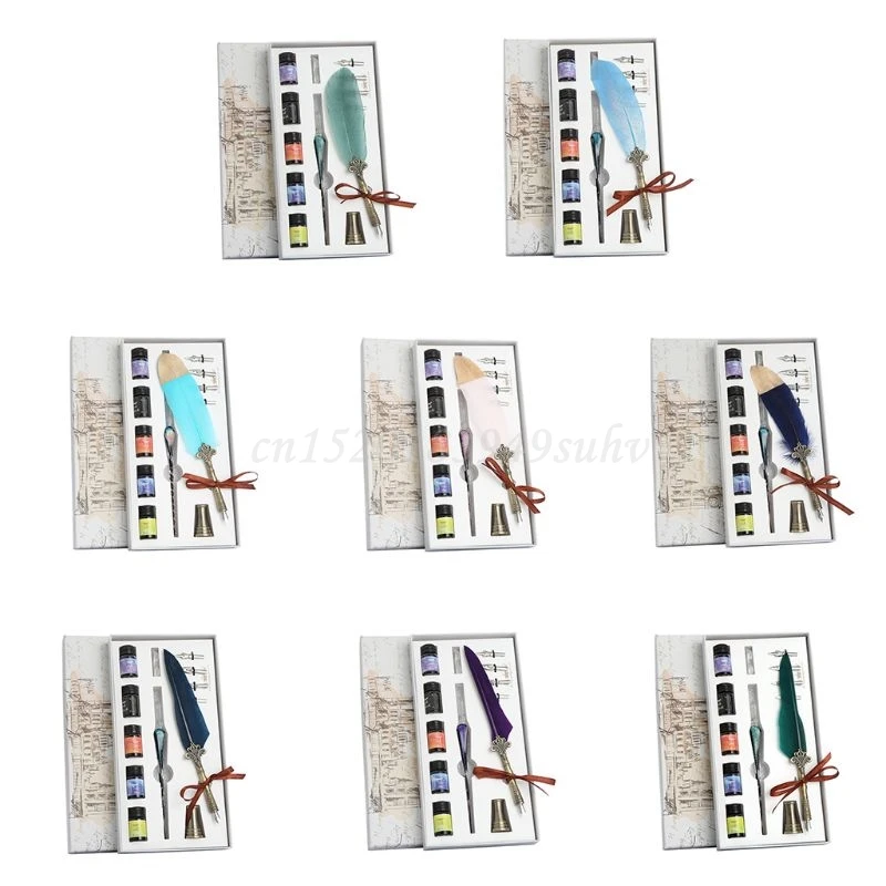 

OOTDTY 1 Set Vintage Calligraphy Feather Dip Pen Fountain Writing Ink Nib Stationery