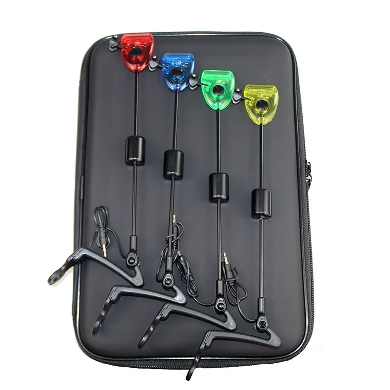 Набор для рыбалки "Fishing Swinger Set Bite Alarm Hanger" с четырьмя цветами светодиодного индикатора в оригинальной упаковке.