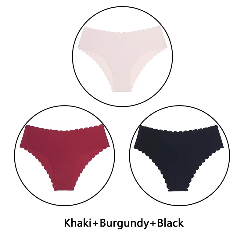 Khaki Burgundy Black 3 шт./партия, сексуальные трусики с оборками женский сексуальный бесшовный трусики с низкой посадкой, однотонное мягкое нижнее белье, женские Ультра тонкие трусики, нижнее белье - Цвет: Khaki Burgundy Black