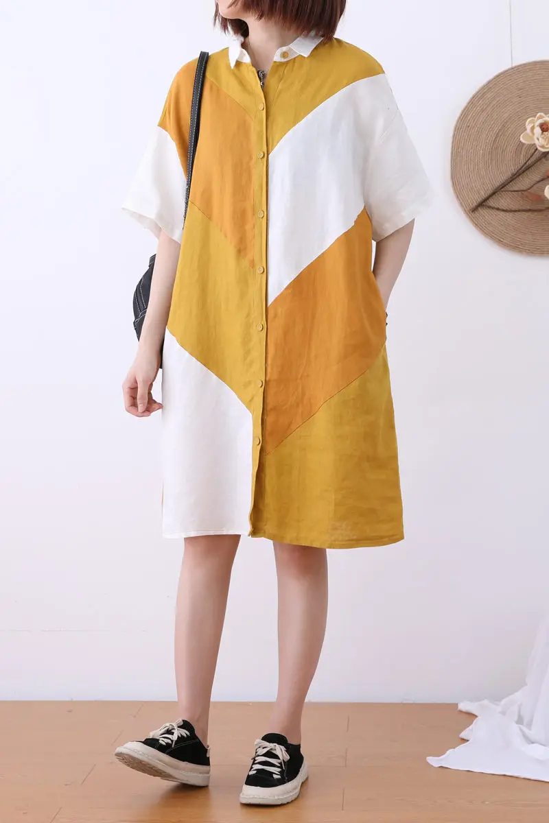 

2020 New Summer Color-matching Cotton and Linen Dress Loose Waist Literary A-line Dress Thin Section Casual Vestidos Midi K617