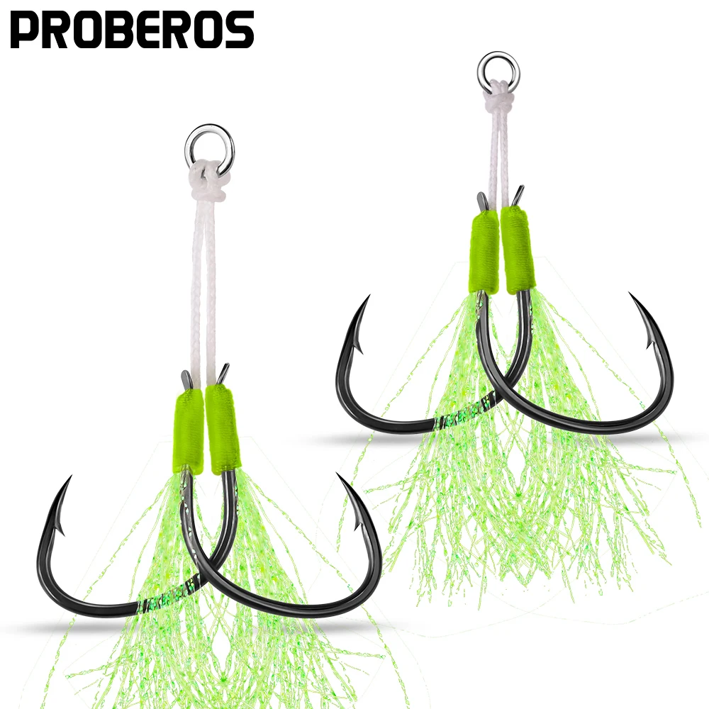 

PROBEROS 10Set Slow Jig Assist Hooks 1/0 2/0 3/0 4/0 Metal Jigging Double Hook Carbon Steel Double Fishhook with PE Line Feather