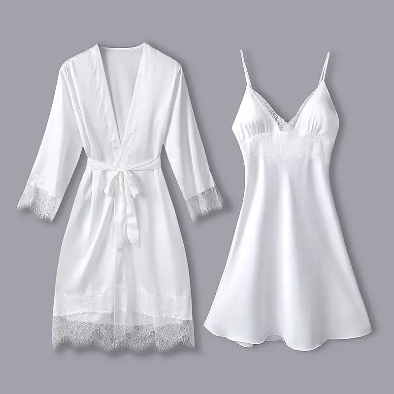 Blue Lace Sexy Nightwear Kimono Bathrobe Gown Satin Women Sleepwear Intimate Lingerie Home Clothing 2021 New 2PCS Sleep Set